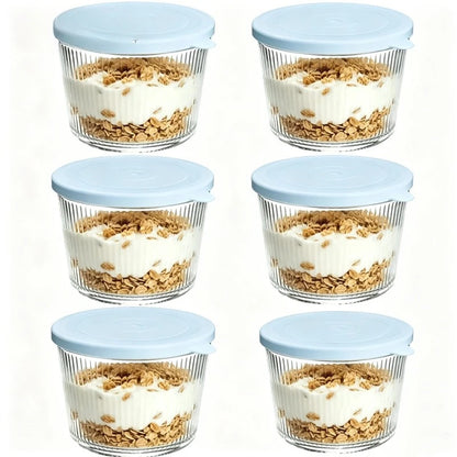 Clear Ribbed Glass Dessert Bowls with Lids – Stackable Snack & Sauce Containers (4 or 6 Pack)