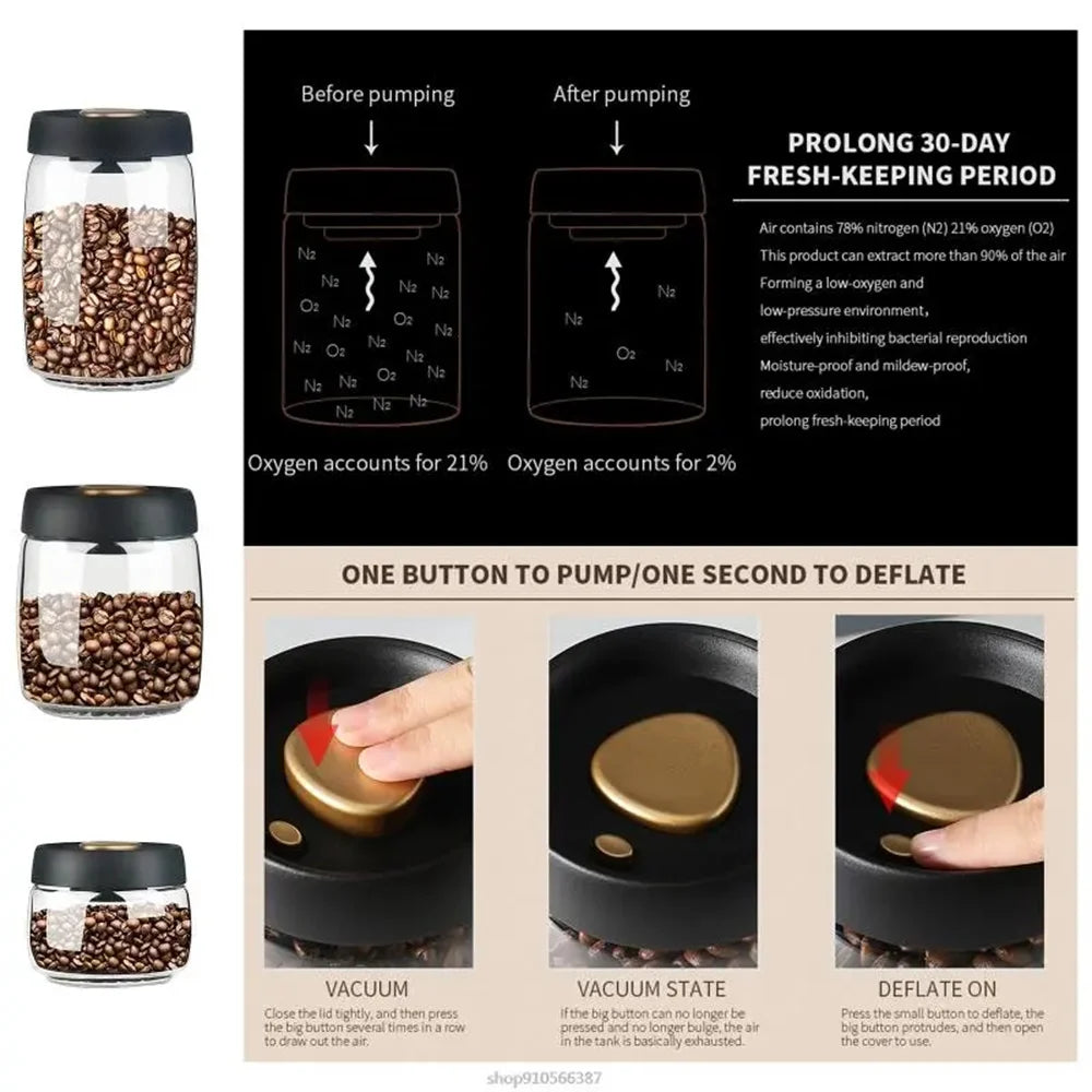 Vacuum-Sealed Glass Coffee Bean Storage Jar – Airtight Food & Tea Canister