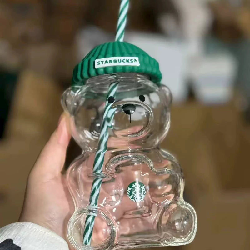 Bearista Bear Glass Tumbler with Straw – 591ml / 20oz Iced Coffee & Cold Drink Cup