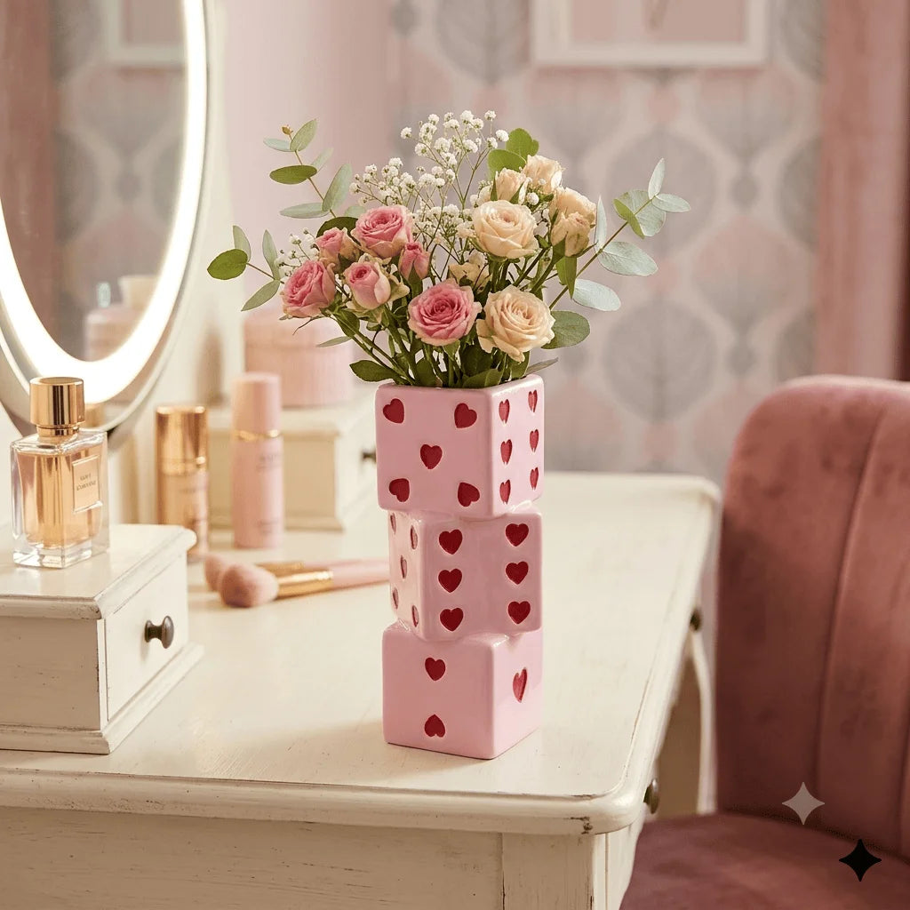 Pink Ceramic Stacked Dice Vase with Heart Details