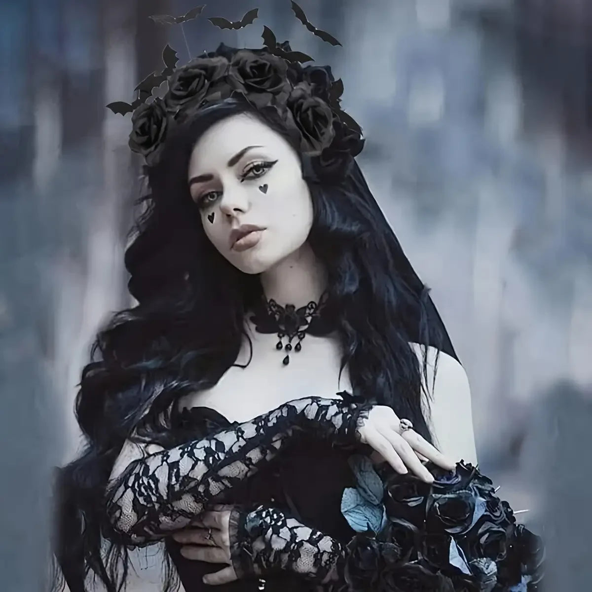 Halloween Witch Hat Headband – Gothic Bat & Black Flower Hair Accessory