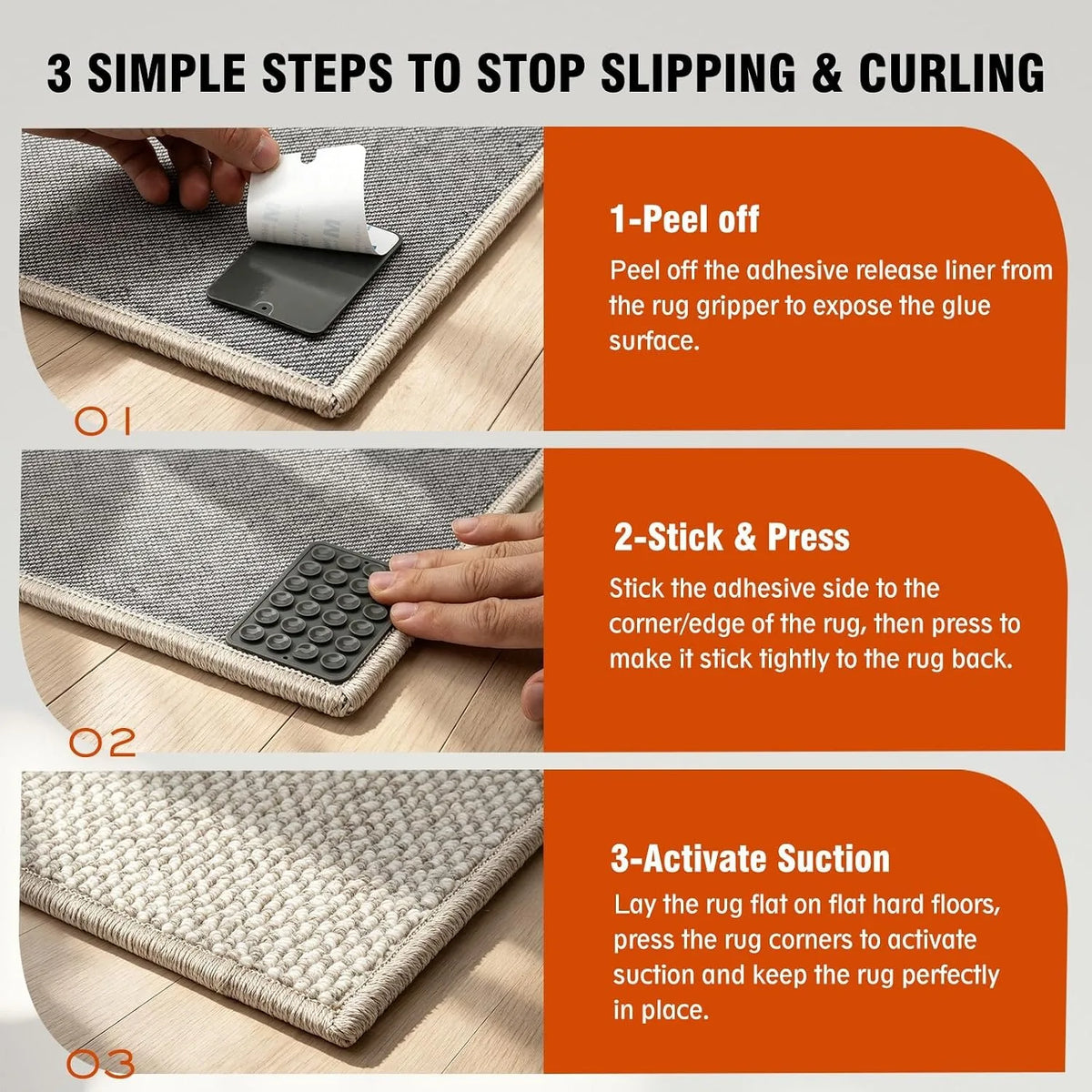 Reusable Anti-Slip Rug Grippers – 4/8 Pack Carpet Corner Pads with Suction Grip