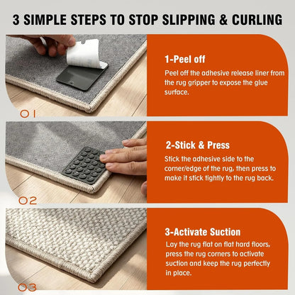 Reusable Anti-Slip Rug Grippers – 4/8 Pack Carpet Corner Pads with Suction Grip