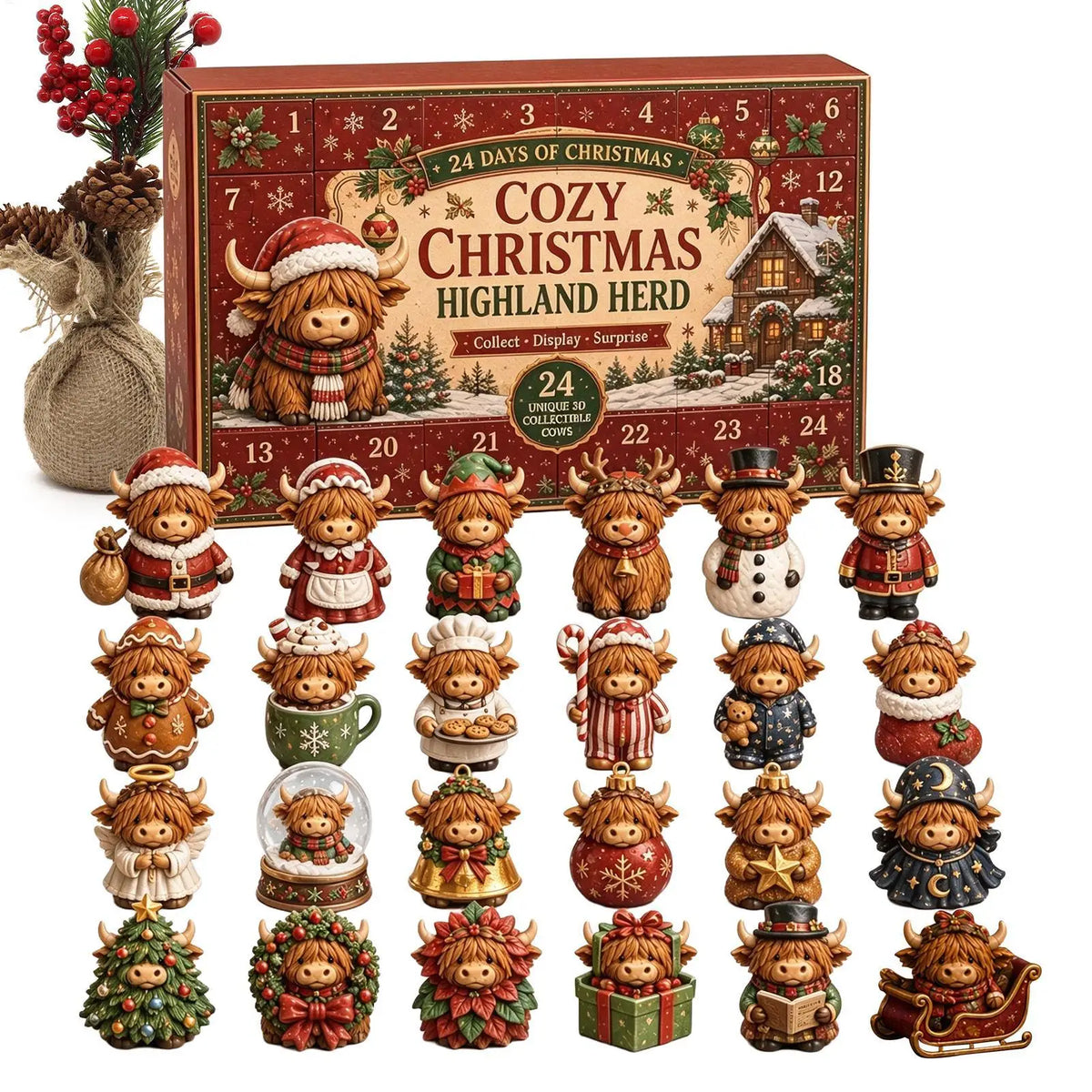 Christmas Advent Calendar – 24-Piece Highland Cow Acrylic Ornaments & Christmas Countdown Decorations