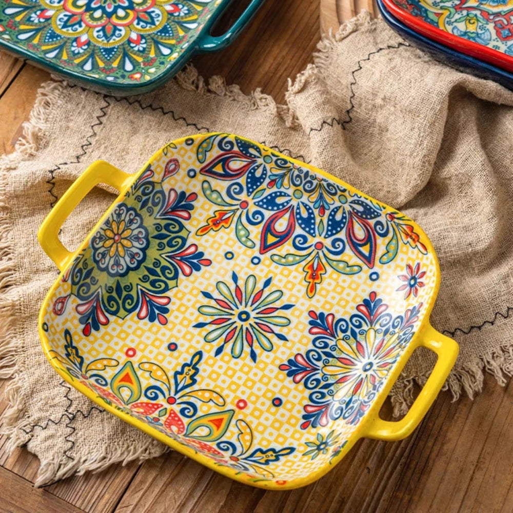 9-Inch Bohemian Ceramic Pasta & Salad Dish – Double Handle Oven & Microwave Safe Plate