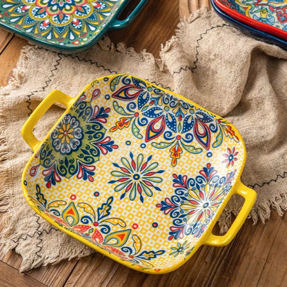 9-Inch Bohemian Ceramic Pasta & Salad Dish – Double Handle Oven & Microwave Safe Plate