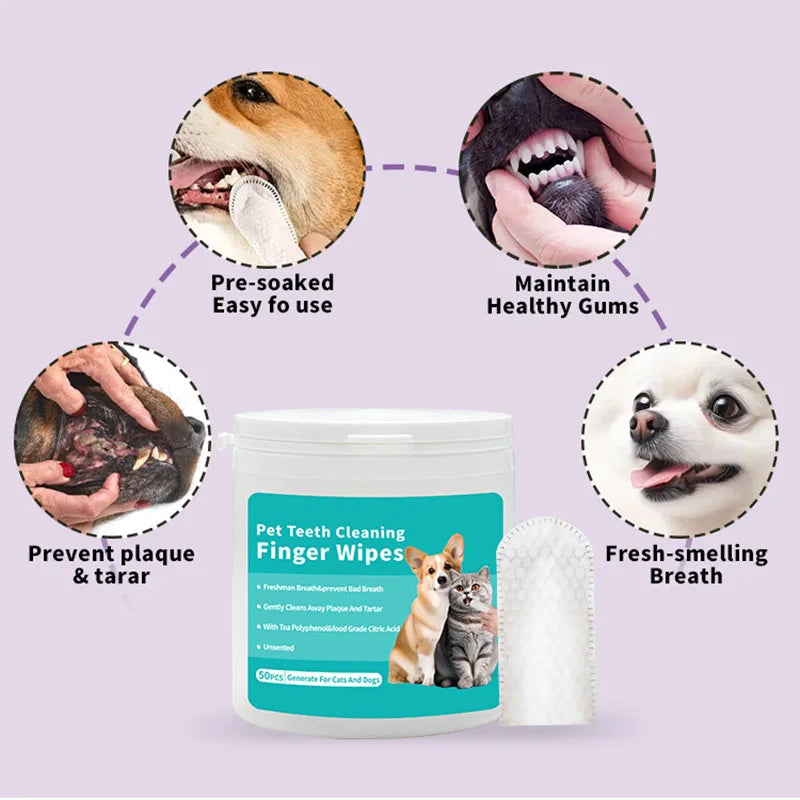 Pet Cleaning Finger Wipes – Dog & Cat Teeth, Ear & Eye Care Wipes (50PCS)