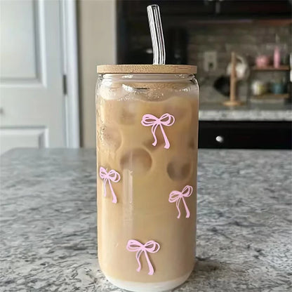 Pink Bow Glass Tumbler with Lid & Straw – 500ml Cute Iced Coffee Cup