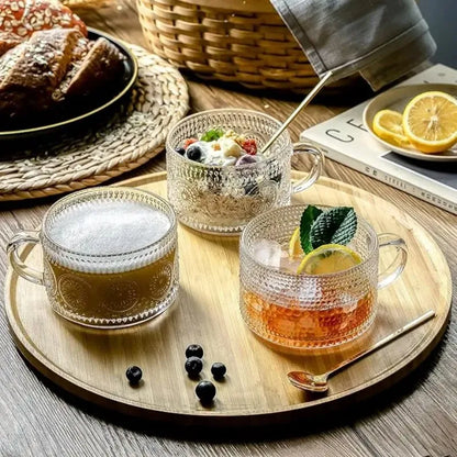 Vintage Glass Coffee Mug with Wooden Lid & Spoon – 450ml Breakfast Cup