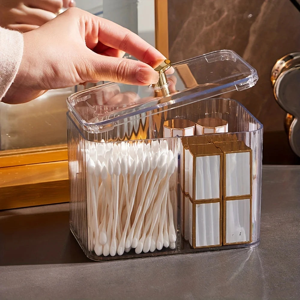 Clear Acrylic Makeup Organiser with Lid – Ribbed Cotton Swab & Cosmetic Storage Box