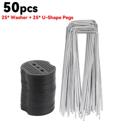 50-200 Pack U-Shaped Garden Ground Pegs with Washers – Landscape Fabric & Netting Pins