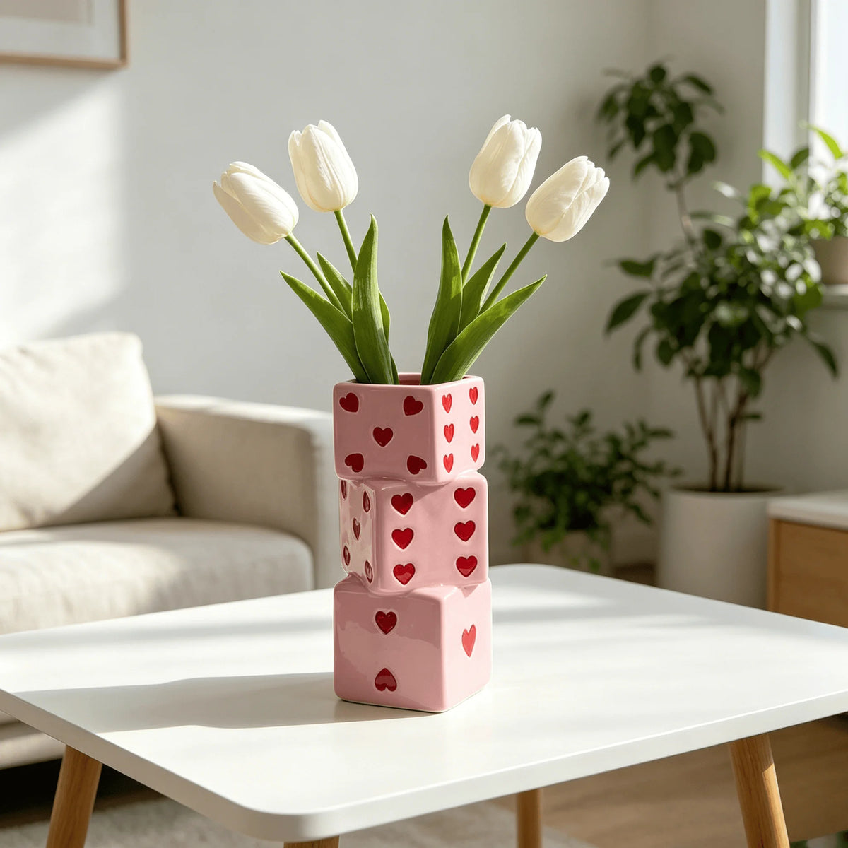 Pink Ceramic Stacked Dice Vase with Heart Details