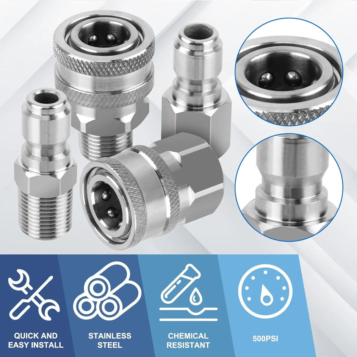 High Pressure Washer Quick Connect Plug & Coupler – Stainless Steel M14, M22 &amp; G1/4 Adapters