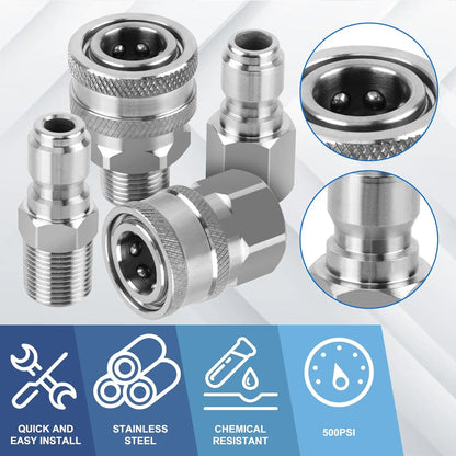 High Pressure Washer Quick Connect Plug & Coupler – Stainless Steel M14, M22 &amp; G1/4 Adapters