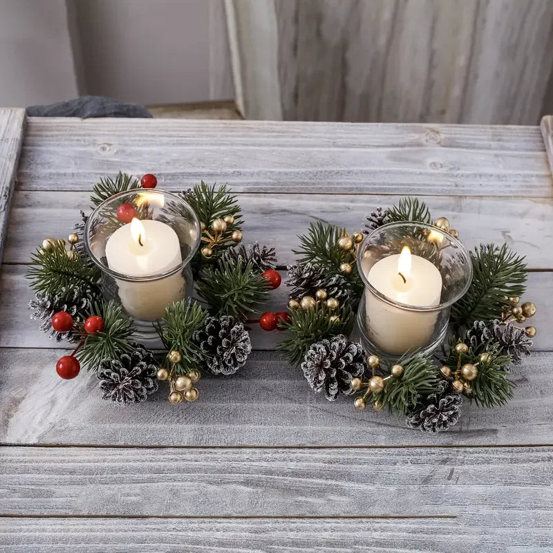 Christmas Candle Wreath Holder – Artificial Pine Branches, Red Berries & Pine Cones, 20cm
