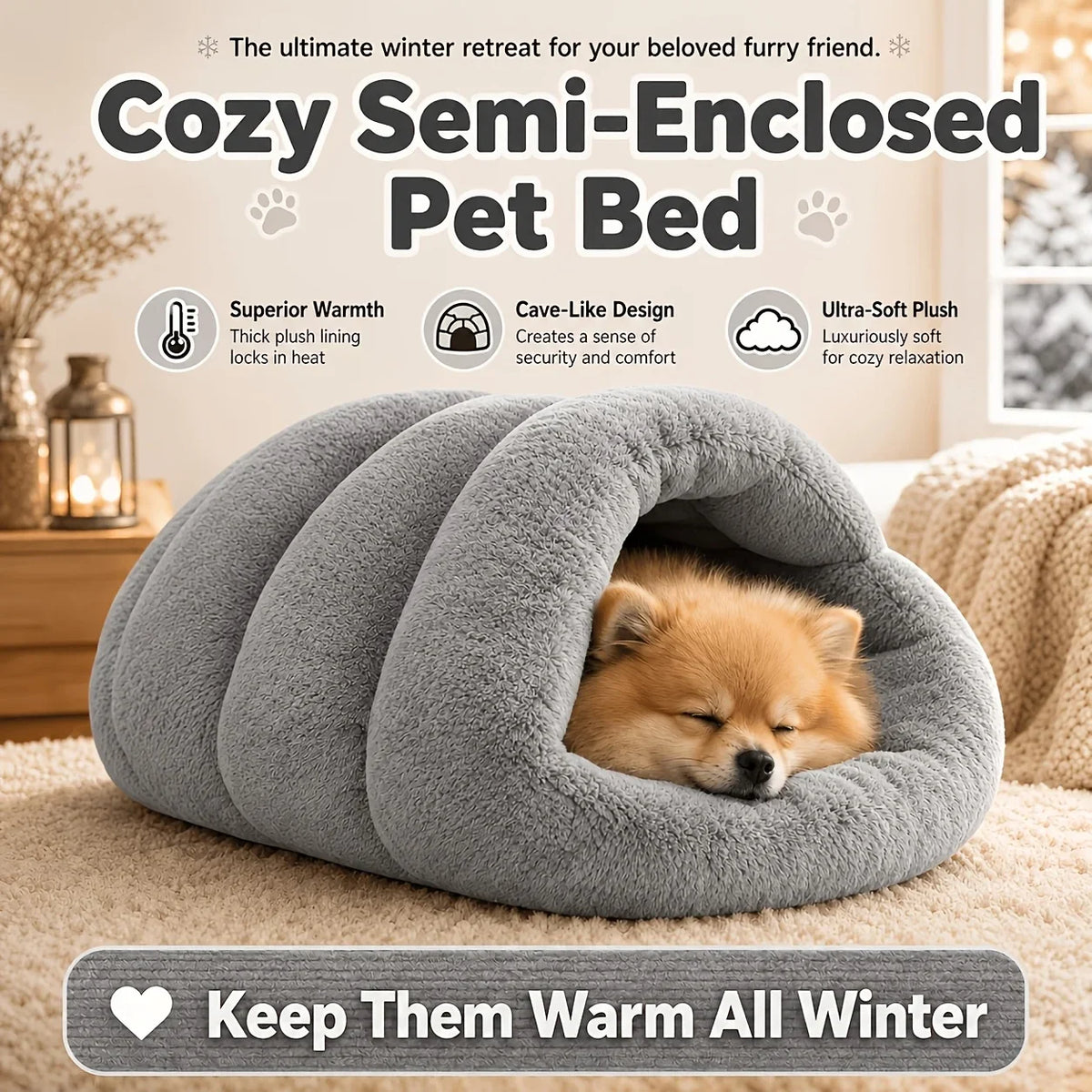 Soft Plush Cat Cave Bed – Warm Semi-Enclosed Sleeping Bed for Cats & Small Dogs