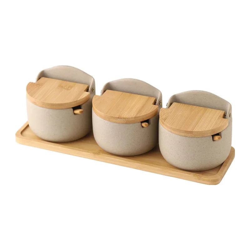Japanese Style Ceramic Seasoning Jar Set – Bamboo Lid Spice Container with Spoon