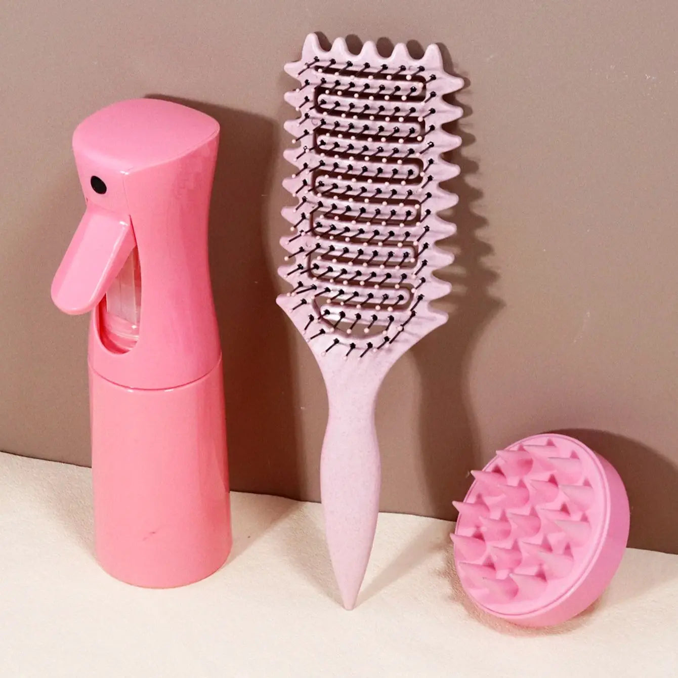 3-Piece Curl Styling Tool Set – Hair Brush, Continuous Spray Bottle & Scalp Massage Shampoo Brush