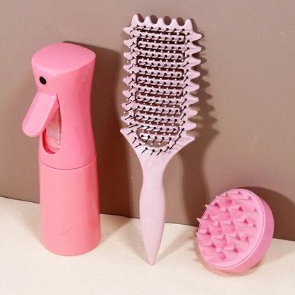 3-Piece Curl Styling Tool Set – Hair Brush, Continuous Spray Bottle & Scalp Massage Shampoo Brush