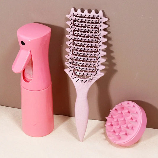 3-Piece Curl Styling Tool Set – Hair Brush, Continuous Spray Bottle & Scalp Massage Shampoo Brush