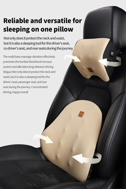 USB Rechargeable Car Neck & Lumbar Massage Cushion – Vibrating Headrest & Back Support