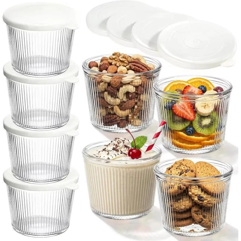 Clear Ribbed Glass Dessert Bowls with Lids – Stackable Snack & Sauce Containers (4 or 6 Pack)