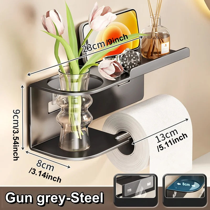 Self-Adhesive Toilet Paper Holder with Phone Shelf – Stainless Steel Wall Mount