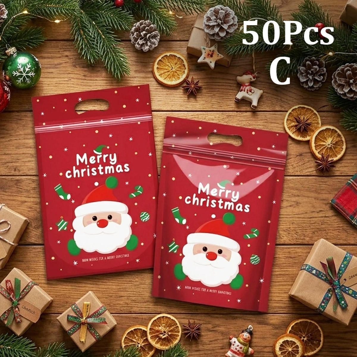 50-Pack Resealable Christmas Gift Bags – Santa Zip Lock Treat Bags with Handles