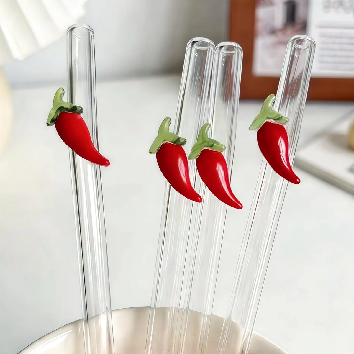 Chilli Pepper Glass Drinking Straws – Reusable Bent Straws for Cocktails, Juice & Iced Coffee