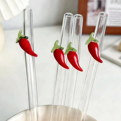 Chilli Pepper Glass Drinking Straws – Reusable Bent Straws for Cocktails, Juice & Iced Coffee