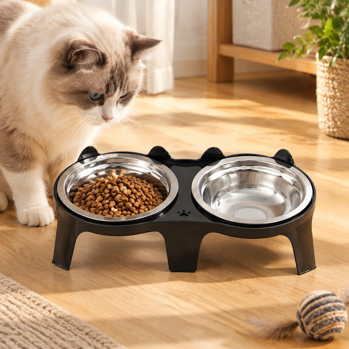 Raised Double Stainless Steel Pet Bowls with Anti-Tip Stand – Cat & Small Dog Feeding Station
