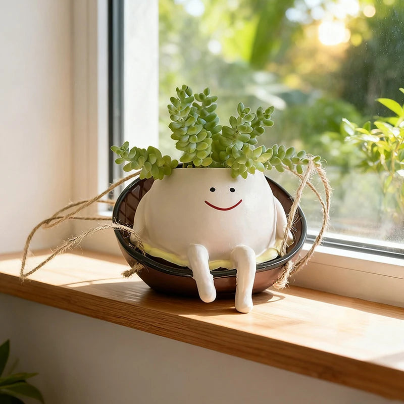 Happy Face Swing Planter – Whimsical Hanging Resin Succulent Pot