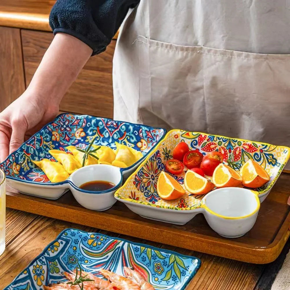 Bohemian Dumpling Plate with Dipping Sauce Compartment