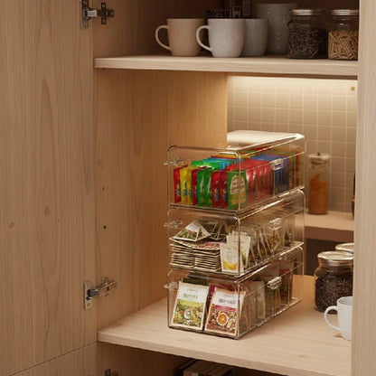 Clear 4-Compartment Storage Box with Lid – Tea Bag, Makeup & Desk Organiser