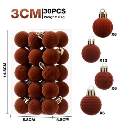 30-Pack Flocked Velvet Christmas Baubles – 3cm Mini Christmas Tree Hanging Ornaments