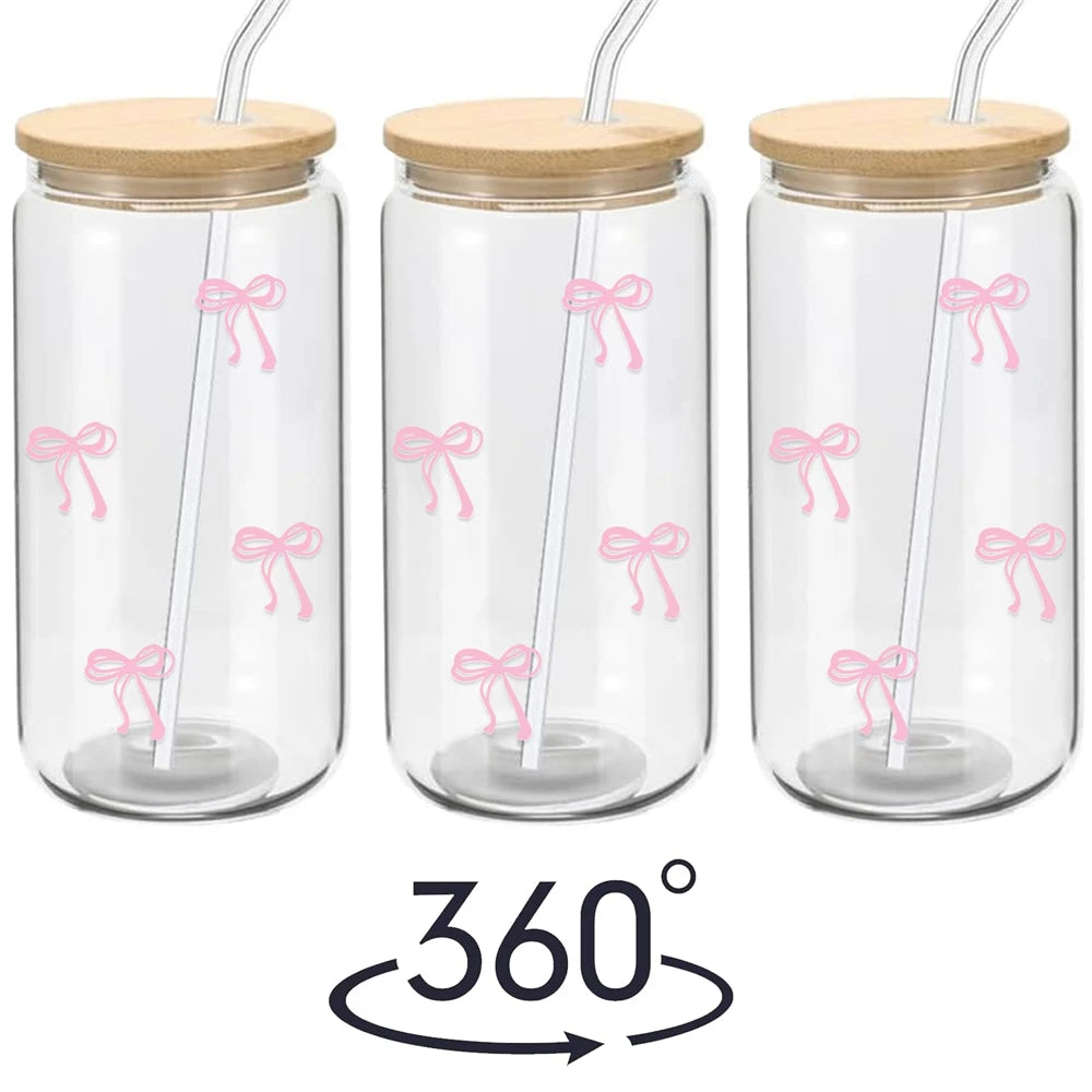 Pink Bow Glass Tumbler with Lid & Straw – 500ml Cute Iced Coffee Cup