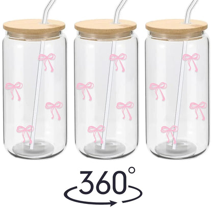 Pink Bow Glass Tumbler with Lid & Straw – 500ml Cute Iced Coffee Cup