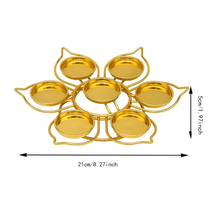 Gold Flower-Shaped 7-Cup Tealight Candle Holder – Metal Diya Stand for Diwali, Navratri & Pooja