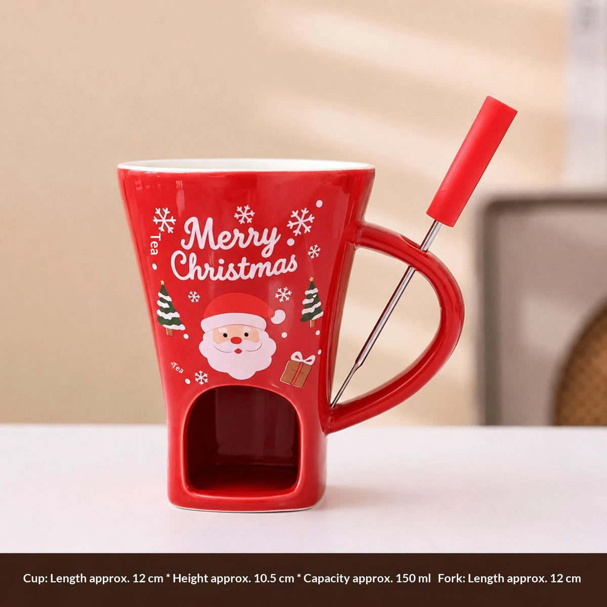 150ml Christmas Ceramic Chocolate Fondue Mug Set with Fork – Mini Melting Pot for Chocolate & Cheese