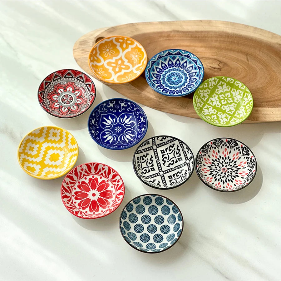 Bohemian Ceramic Condiment Dish Set – Sauce, Soy & Dipping Bowls (6 or 10 Piece Set)