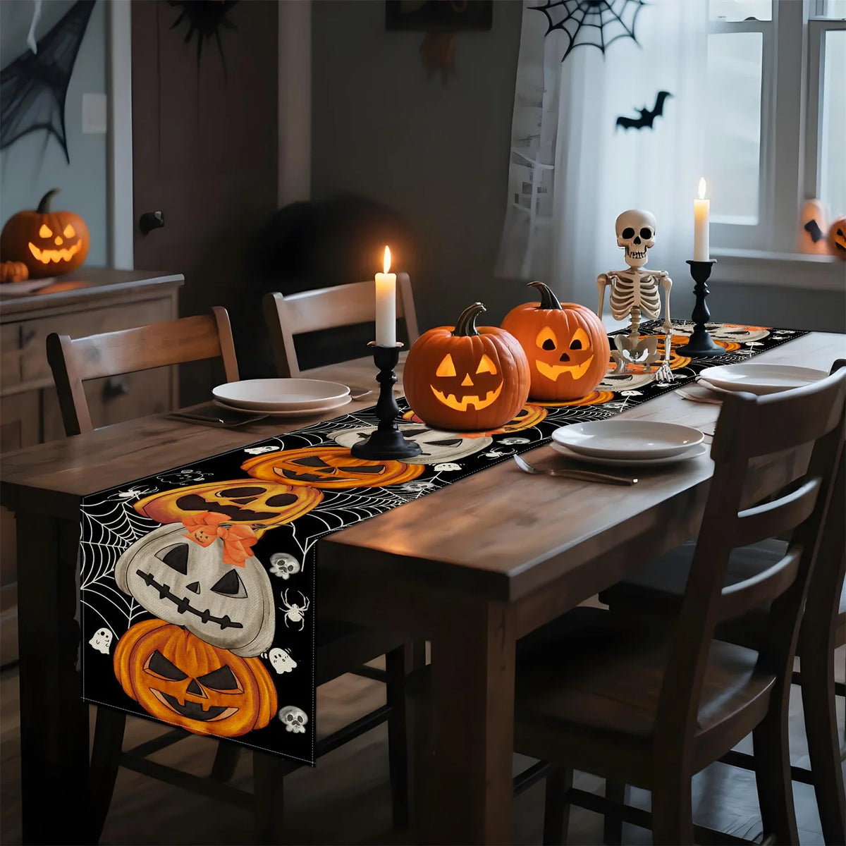 Halloween Table Runner – Pumpkin, Bat & Skull Party Table Décor