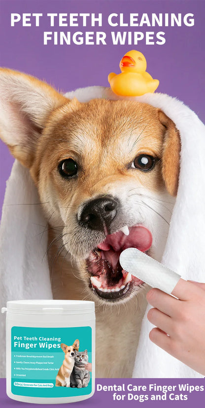 Pet Cleaning Finger Wipes – Dog & Cat Teeth, Ear & Eye Care Wipes (50PCS)