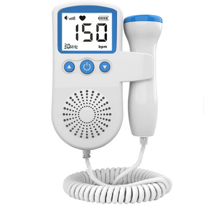 Fetal Doppler device with digital display on a white background