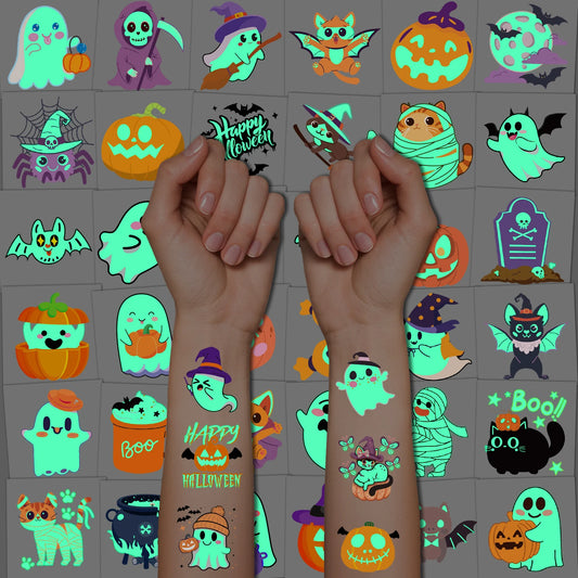 36-Sheet Glow-in-the-Dark Halloween Temporary Tattoo Set – Spooky Party Body Stickers