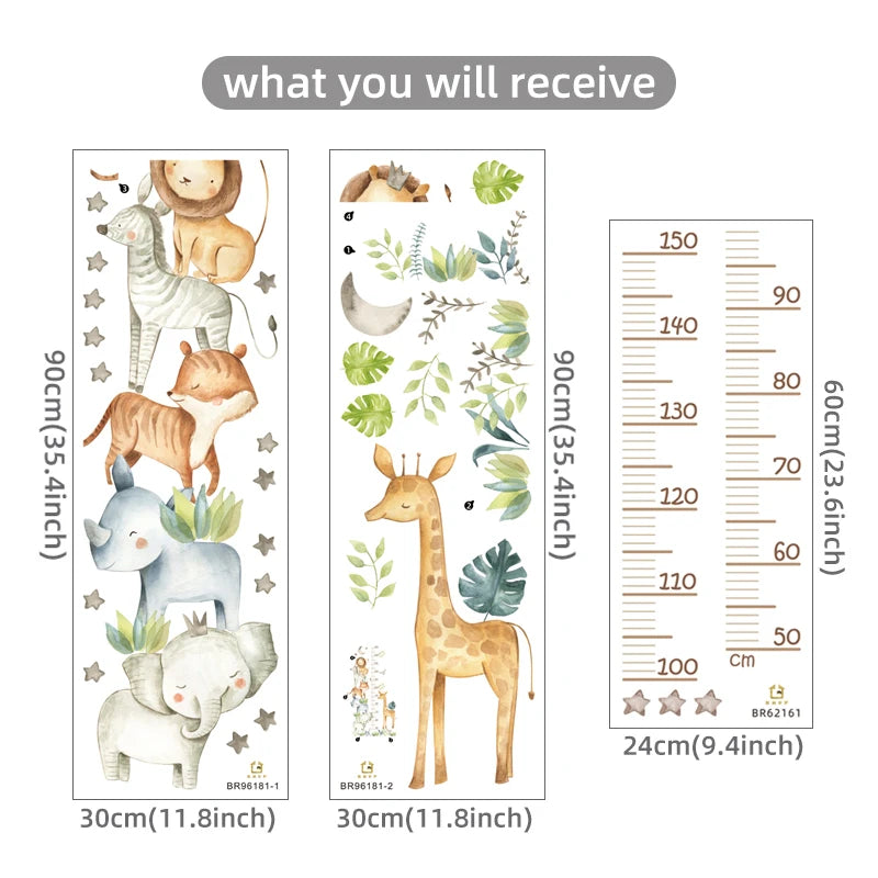 Cartoon Animal Height Chart Wall Stickers – Removable Growth Ruler Decals (3 Pack)