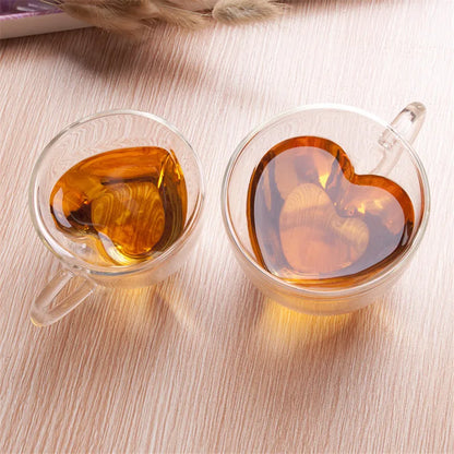 Double-Wall Heart Glass Mug – Insulated Love-Shaped Coffee & Tea Cup