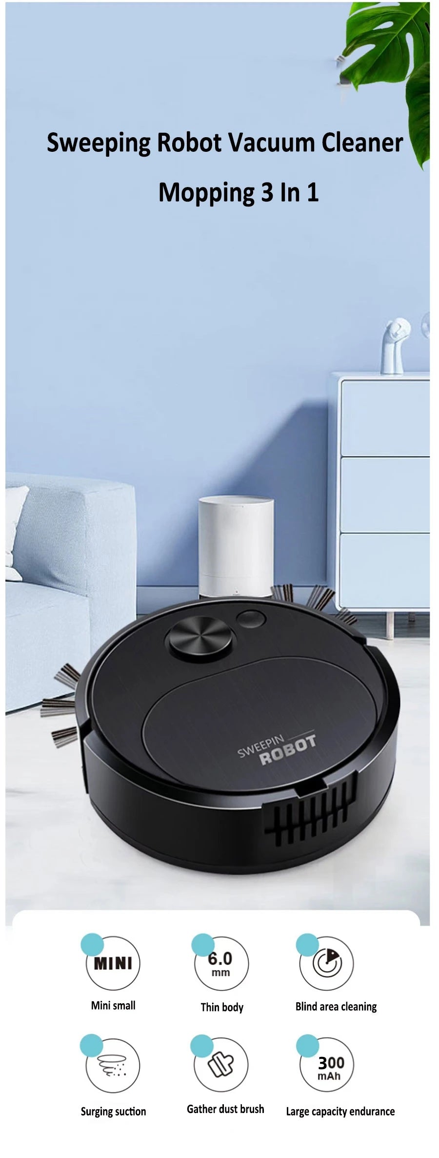 Mini Smart Robot Vacuum Cleaner – USB Rechargeable 3-in-1 Sweeper & Mop