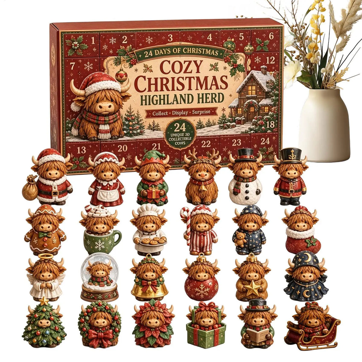 Christmas Advent Calendar – 24-Piece Highland Cow Acrylic Ornaments & Christmas Countdown Decorations