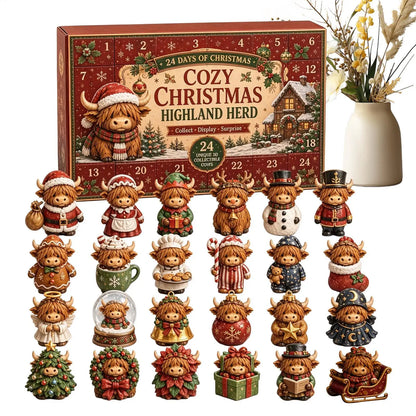 Christmas Advent Calendar – 24-Piece Highland Cow Acrylic Ornaments & Christmas Countdown Decorations
