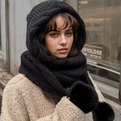 Winter Beanie & Scarf Set – Knitted Thermal Pom Pom Hat with Attached Neck Warmer